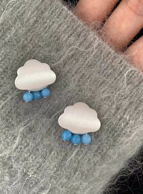 韩系多巴胺蓝色云朵雨滴耳钉女