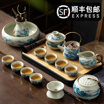 High-end Ru Kiln Tea Set Suit Home Tea Tea Complete of ceramic teapot Gongfu tea with living room light and luxurious modern wind