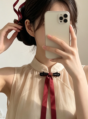 红色飘带小猫发簪新中式檀木发钗