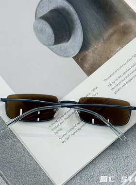 复古方形小框男士街拍凹造型太阳镜女潮高级感简约下半框金属墨镜