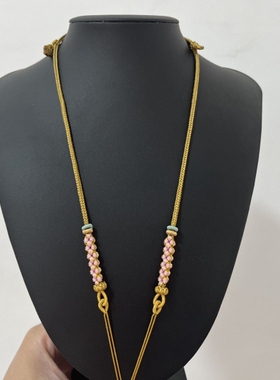 原创新款土黄色纯手工编织锦鲤锁双耳项链绳桃花结可调节毛衣链