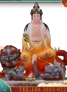 汉白玉/树脂彩绘文殊普贤菩萨佛像带坐骑神兽华严三圣摆件