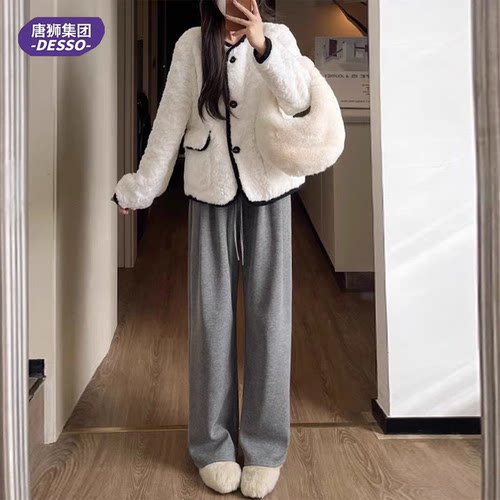 唐狮DESSO秋冬新款糯米裤高腰垂感宽松加绒直筒阔腿裤7 - 图2