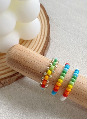 PUPU原创手工彩虹彩色串珠戒指女闺蜜简约百搭叠戴ins泫雅风