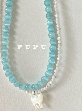 PUPU原创手工蓝色小猫串珠项链女叠戴猫眼石项链简约百搭ins