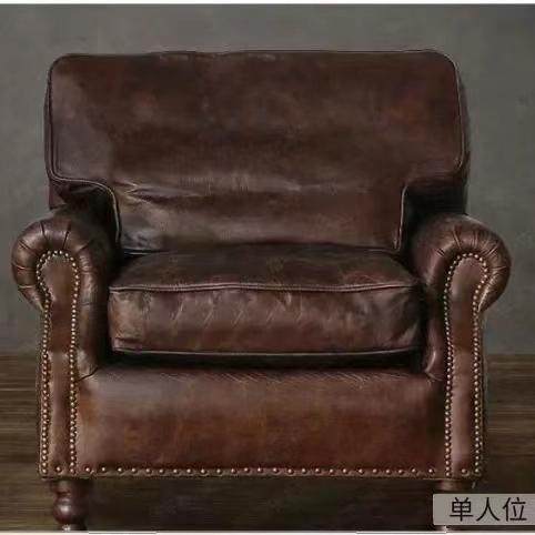 中古风美式乡村复古油蜡皮沙发LOFT工业做旧羽绒单人双三人皮沙发 - 图1
