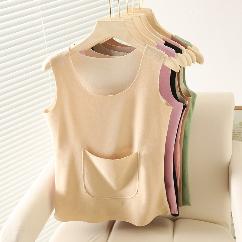 秋冬季德绒带口袋防寒保暖背心女士无痕内搭吊带修身加绒加厚打底