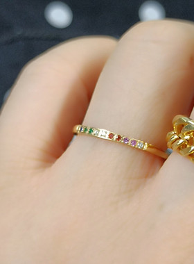 小众轻奢微镶彩色锆石戒指女钛钢18K包金洗手不用摘食指中指指环