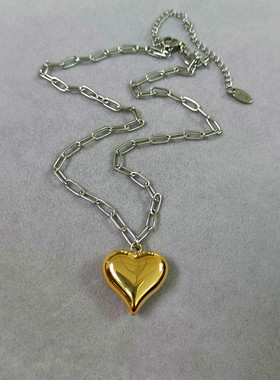 欧美法式复古爱心桃心形吊坠项链女夏小众金银撞色ins拼色锁骨链