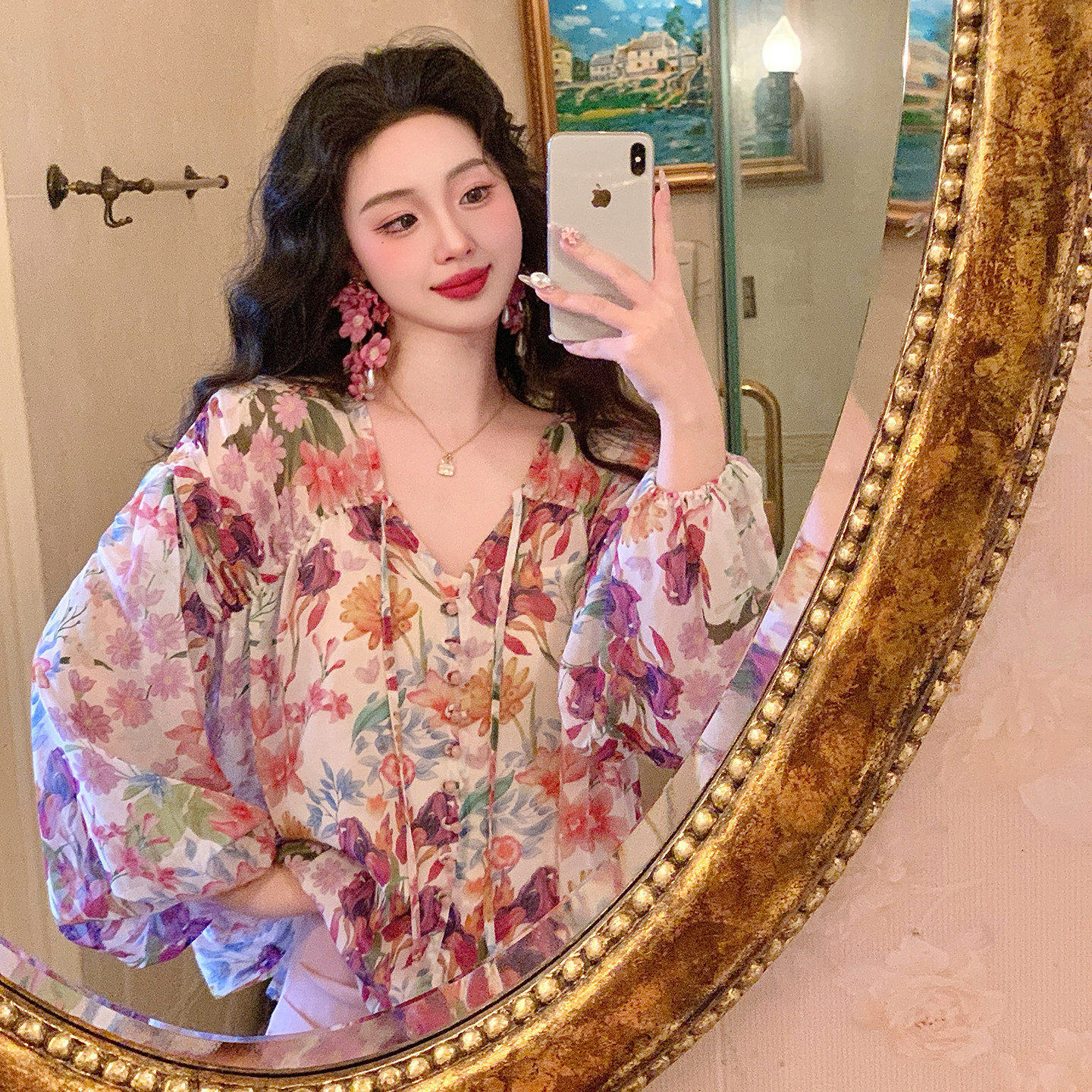 麓津自制《花之吻》复古温柔雪纺印花宽松仙气上衣少女衬衫半身裙,淘宝优惠券,粉丝福利购,淘宝优惠卷