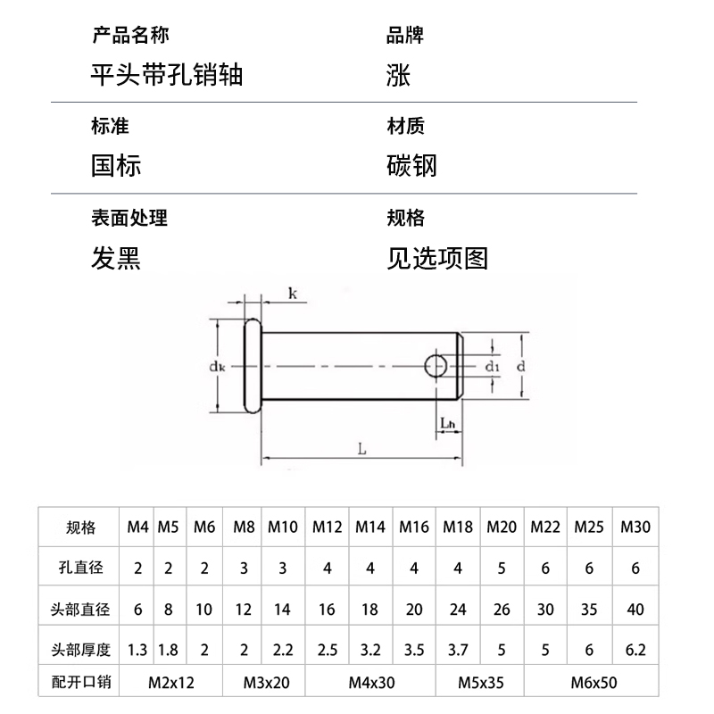 GB882黑色平头带孔销轴圆柱带孔销钉插销定位销M5M6M8M10M12-M20