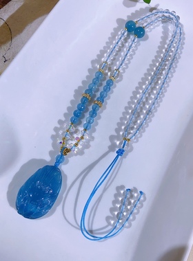 天然海蓝宝石雕刻九尾狐项链