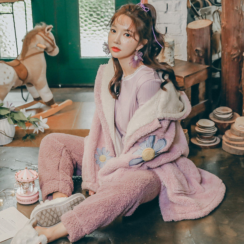 冬天孕妇加绒三件套月子服秋冬睡衣 花田漫步服饰家居服套装