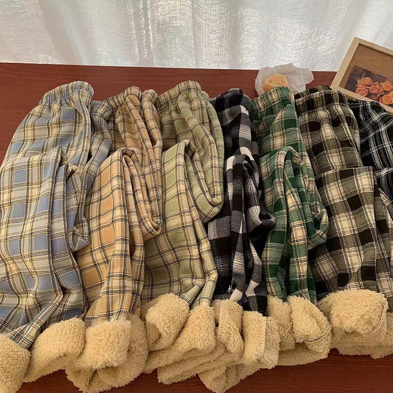 2024秋冬爆加绒加厚羊羔绒格子裤时尚百搭宽松直筒休闲阔腿裤棉裤