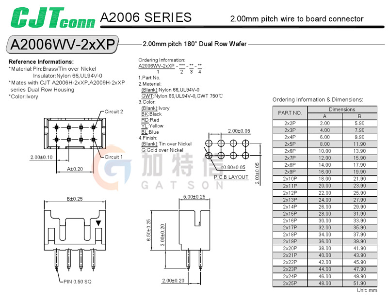 A2006WV-2x3P A2006WV-2x4P CJT长江连接器原装直插双排针座2mm-图0