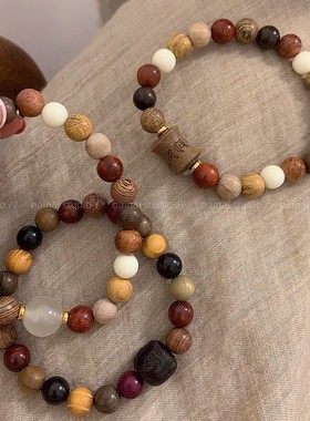 檀木多宝珠手链~新中式民族风串珠六字箴言手饰古风禅意念珠手串