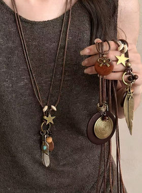 民族风长款古铜羽毛项链女复古新中式波西米亚叠戴锁骨链甜酷辣妹