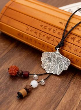 新中式银杏叶流苏项链女2025新款小众设计挂绳复古百搭毛衣链配饰