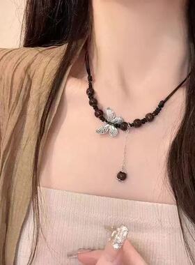 新中式复古蝴蝶吊坠编织绳锁骨链