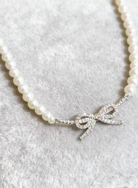 轻奢高级感珍珠蝴蝶结串珠项链女款法式温柔风气质锁骨链颈链配饰