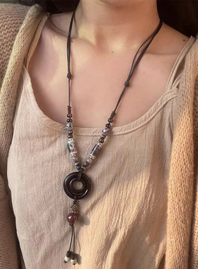 新中式禅意古铜羽毛项链女双层叠戴波西米亚民族风长款毛衣链配饰