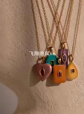 小众设计感爱心方形吊坠镀金锁骨链新款天然石镶嵌锁骨链小礼物