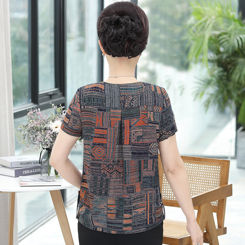 发财花旗舰店中老年人女装夏装短袖套装老人60岁奶奶宽松上衣纯棉绸两件套大码1