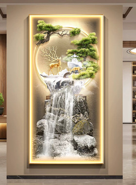 轻奢流水生财走廊尽头挂画带灯光招财鹿玄关装饰画进门正对墙壁画