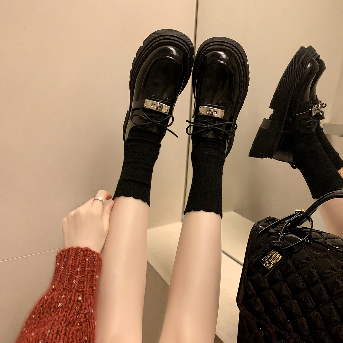 复古英伦风小皮鞋女2025新款夏粗跟厚底松糕一脚蹬乐福鞋系带单鞋