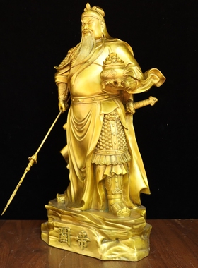 纯黄铜关帝神威武财神关二爷关羽立刀提刀拖宝家居公司铜像摆件