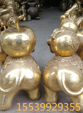 纯铜驮钱袋葫芦大象一对大号黄铜器家居办公装招财桌面手工摆件
