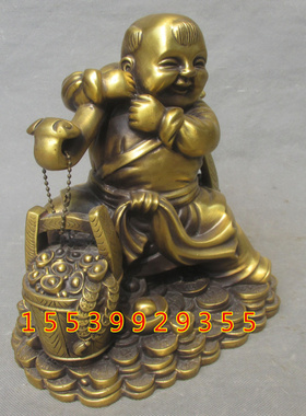 纯铜送财童子摆件 风水铜器家居装饰品 一桶金招财客厅店铺