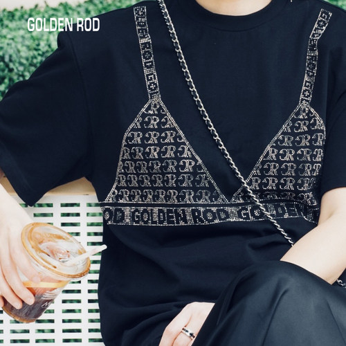 【GOLDEN ROD】VIVITIAN设计师品牌夏季烫钻吊带图案宽松短袖T恤-图3