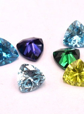 彩色肥三角宝石裸石苹果绿坦桑蓝海蓝祖母绿锆石戒面CZ尖底钻