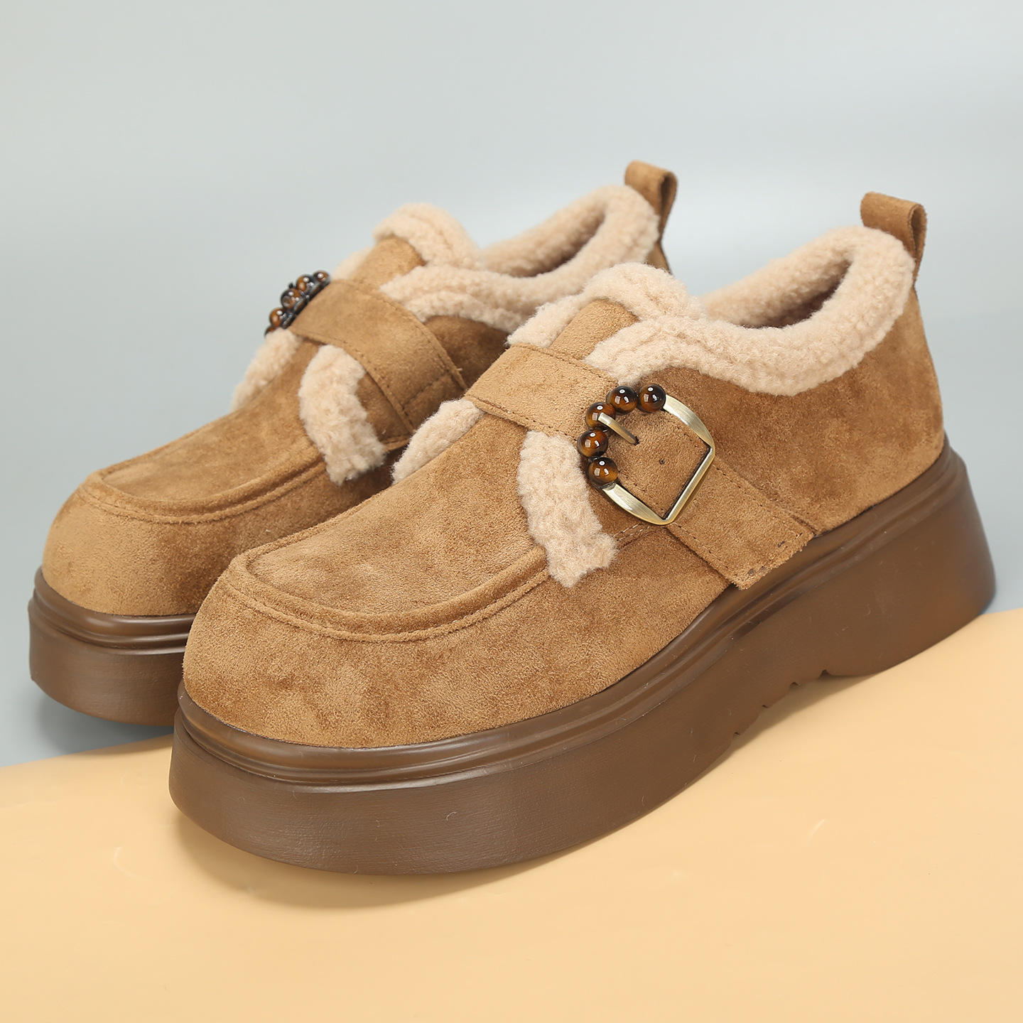 大码女鞋41到43秋冬新款勃肯鞋女厚底加绒保暖毛毛鞋时尚百搭舒适 - 图1