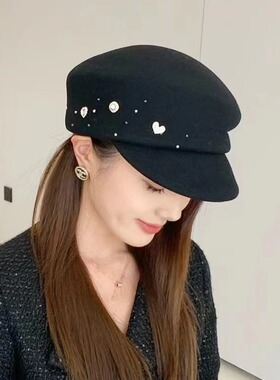 镶钻日系复古羊毛黑色文艺贝雷帽子女秋冬显脸小鸭舌帽网红八角帽