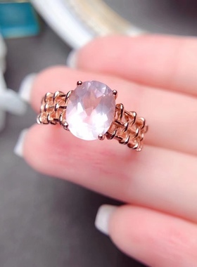 天然芙蓉石戒指女S925纯银镀金色粉水晶粉色宝石日韩时尚活口调节