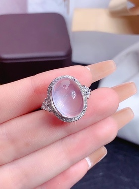 天然粉水晶戒指女戒芙蓉石S925纯银镶嵌粉色宝石时尚饰品活口调节