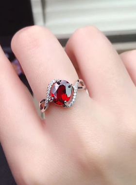 天然石榴石戒指女S925纯银镶嵌红宝石时尚个性简约百搭活口可调节