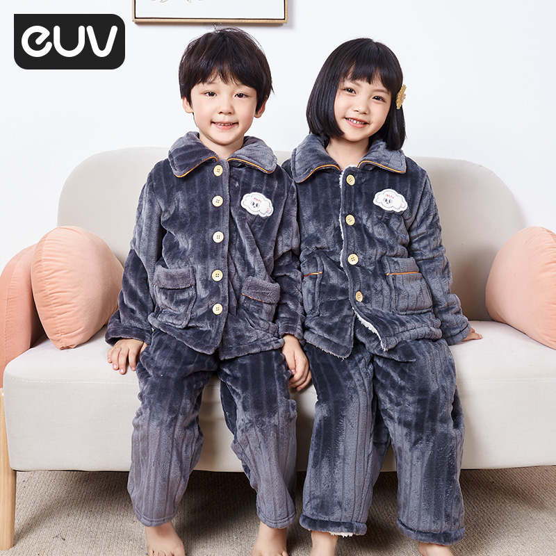 euv 宝宝珊瑚绒睡衣男女童冬款加绒加厚套装儿童冬季法兰绒家居服 - 图0