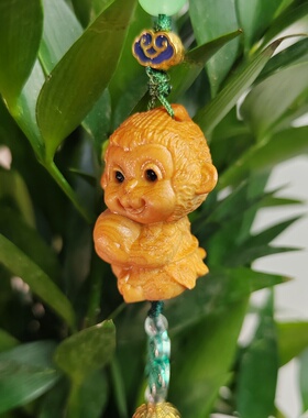 崖柏木雕生肖猴手机链流苏木质抱