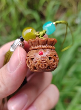 绿檀木雕镂空雕刻福财钱袋香囊di