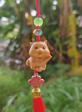 崖柏木雕招手小狗手机链十二生肖