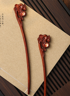 紫檀木玉兔追月木簪日常盘发饰品