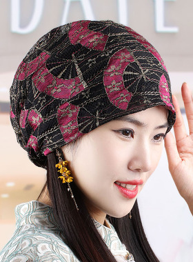 春夏新款扇形蕾丝头巾帽时尚柔软四季包头帽遮白发帽光头月子帽女