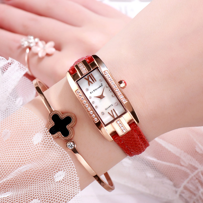 伊莉萨博新款正品女士方形真皮手表 eselysabo国产腕表