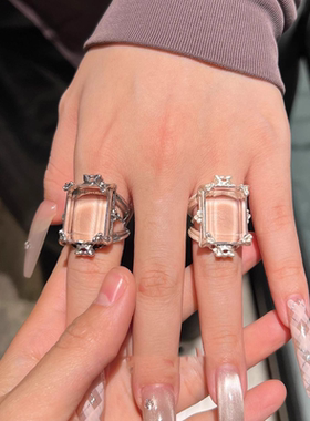 甄媛银饰仿白水晶方糖戒指女