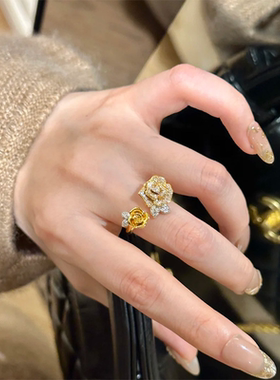 甄媛银饰闪钻双生玫瑰花系列戒指