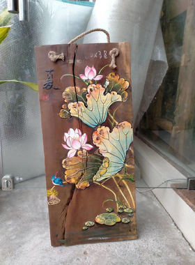 风化木板禅意花卉会所定制挂画