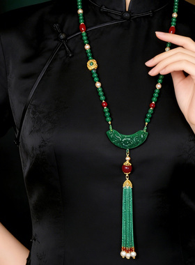 甄源色米珠流苏绿色玉石中式项链